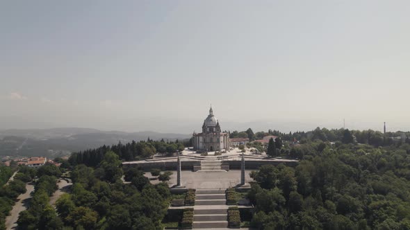 Aerial panoramic view of the hilltop Sameiro Sanctuary, Braga, Portugal. Establishing shot