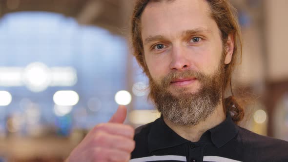 Motivated Successful Bearded Business Man Millennial Guy Showing Like Thumbs Up Demonstrates Gesture