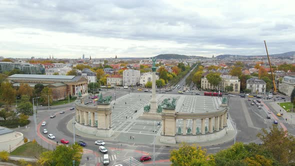 Cars circle Heroes' Square in Budapest Hungary