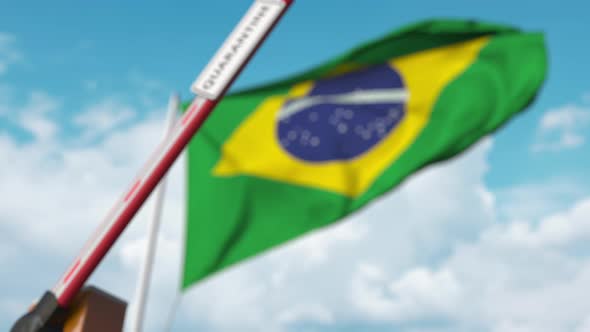 Closed Gate with QUARANTINE Sign on the Brazilian Flag Background