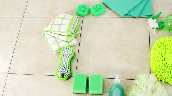 Cleaning supplies on floor