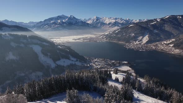 Aerial view of Zell am See and Zeller See on a winter day