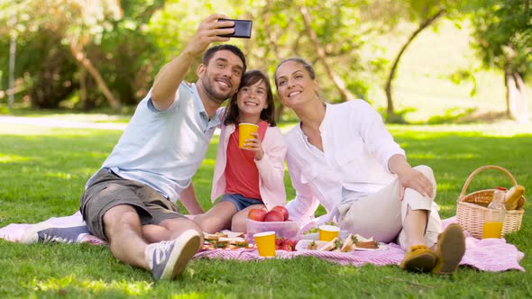 Family Having Picnic and Taking Selfie at Park