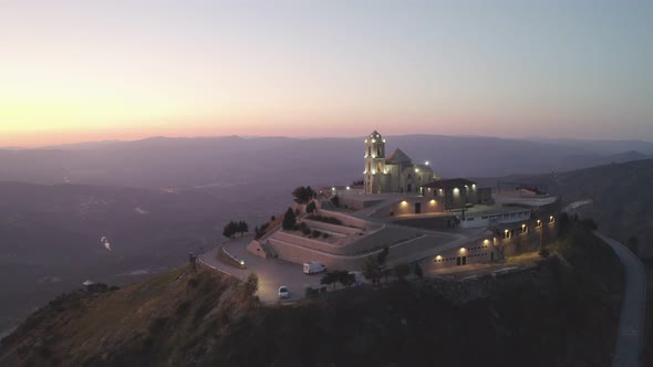 Senhora da Graca church drone aerial view in Mondim de Basto landscape at sunset, in Portugal