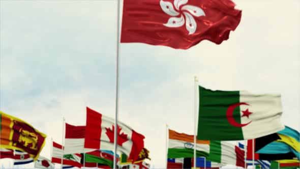 Hong Kong Flag With World Globe Flags Morning Shot