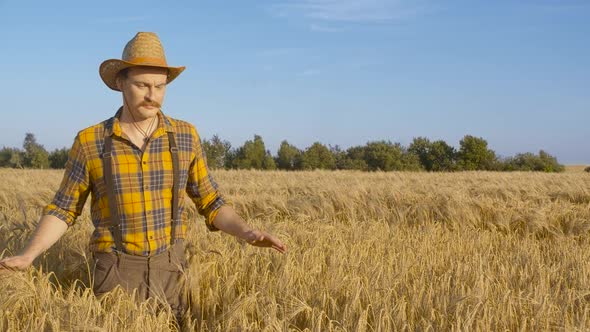 Caucasian Conceptual Man Farmer Agronomist in a Hat Goes and Looking To a Wheat Field. Agriculture