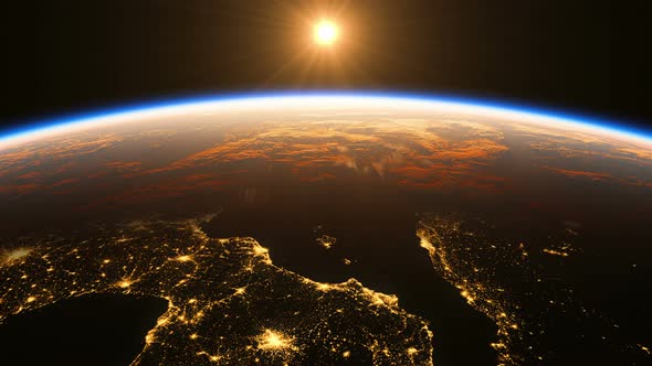 Sunrise In Space And Amazing Night View On European Zone Of Planet Earth.