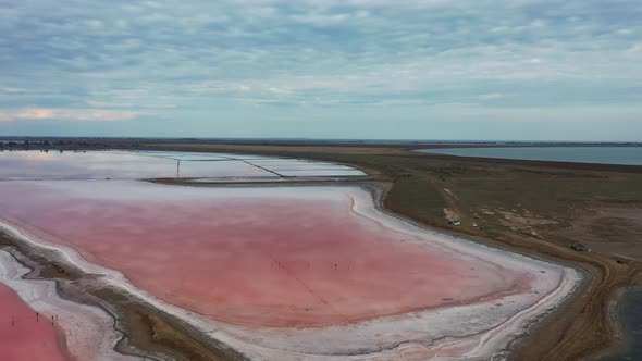 Beautiful Blue Sky Over Pink Lake Aerial Footage Nature