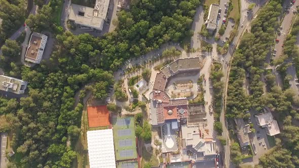 Aerial Top View of Green Valley with Sport Center and Tennis Court in South of France