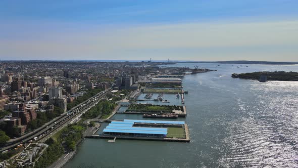 Aerial View of Downtown Brooklyn Over Hudson River New York City