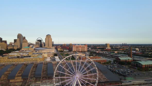 Ferris Wheel in Downtown Urban City of St. Louis, Missouri - Aerial Drone Panorama