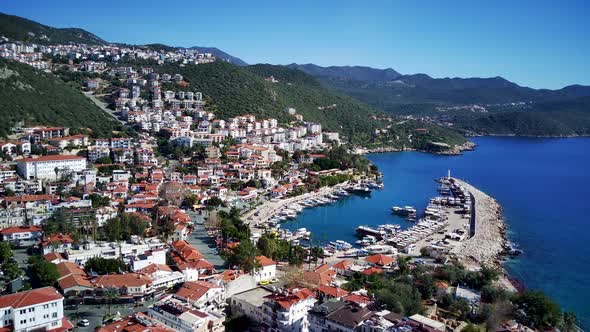 The top view from the drone of Kas resorts, bay, yahts, city in Mugla in Turkey