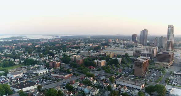 Aerial Panning View of New Rochelle by the Water at Sunset