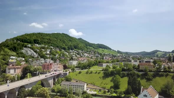 Drone shot over the beautfiul city called Baden in Switzerland. At the end of the clip, a bird flies