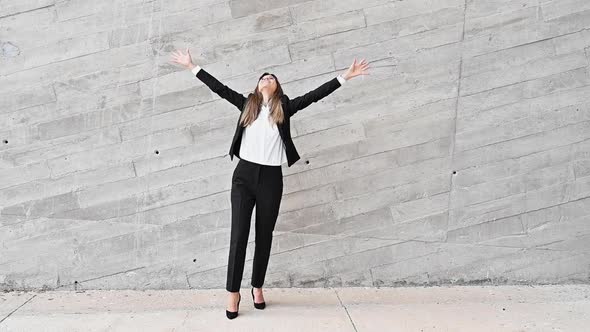 Businesswoman Throwing Paper Documents with Happiness Celebrating Success. Slow Motion.