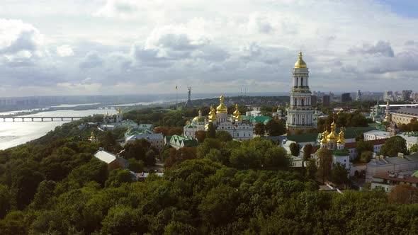 Panoramic Aerial View of of Kyiv Pechersk Lavra and Dnieper Dnipro River