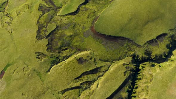Flying Over the Lava Flows and Green Moss of  Eyjafjallajokull Volcano in Iceland