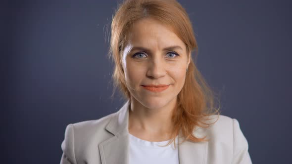 Close Up Face Redhead Woman Looking Camera Smiling