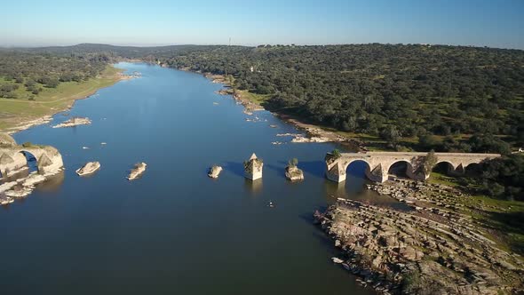 Aerial View of the Border River Guadiana Between Elvas Portugal And Olivenza Spain and Historic