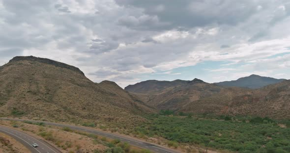 Panoramic Aerial View with Desert Cactus Mountain Landscape in Arizona of America