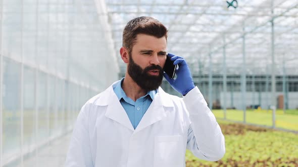 Worker Walking in a Greenhouse Using Mobile and Talking on Smartphone