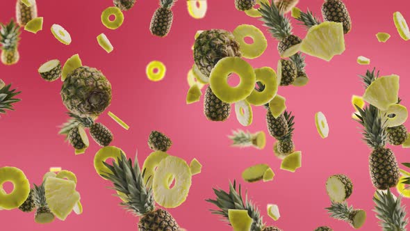 Pineapples with Slices Falling on Light Fuchsia Background