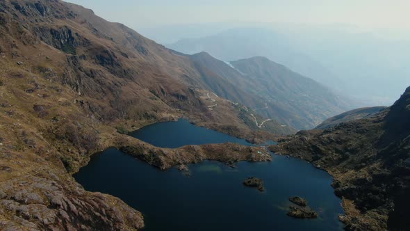 4k aerial drone footage over the 2nd and 3th lagoon of Pichgacocha from Ambo, Huanuco, Peru in the A