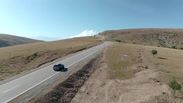SUV Car Drivings Along Road on Background Cattle Pastures and Snowy Elbrus Summit. Incredible