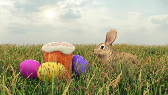 Easter Bunny near eggs and Easter bread on the lawn.  Feast of Easter and Resurrection.