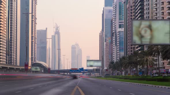 Buisness District of Dubai the Shiekh Zayed Road at Sunset Time UAE Timelapse