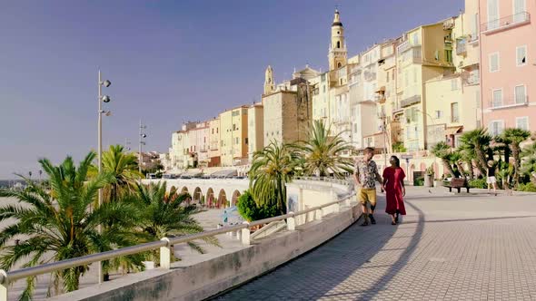 Menton France Colorful City View on Old Part of Menton ProvenceAlpesCote d'Azur France Couple on