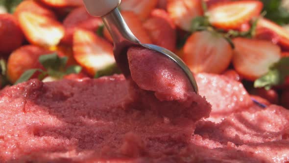 Special Icecream Spoon is Scooping Slowly Delicious Fresh Strawberry Ice Cream