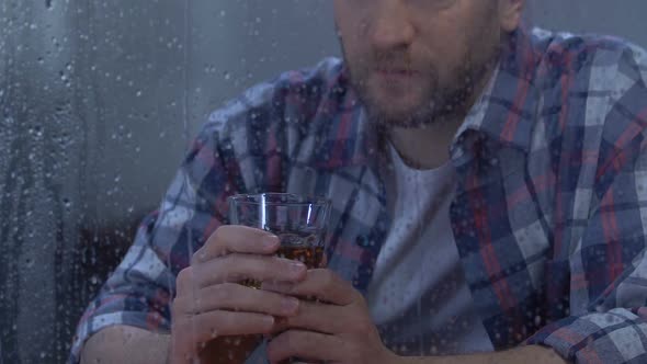 Lonely Middle-Aged Depressed Male Drinking Alcohol, Willpower Absence, Addiction