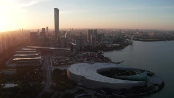 Sunrise with CBD buildings. Aerial in Suzhou, China.