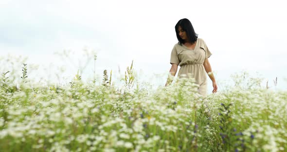 Woman in Dress Walking in Flower Blooming Meadow in Countryside