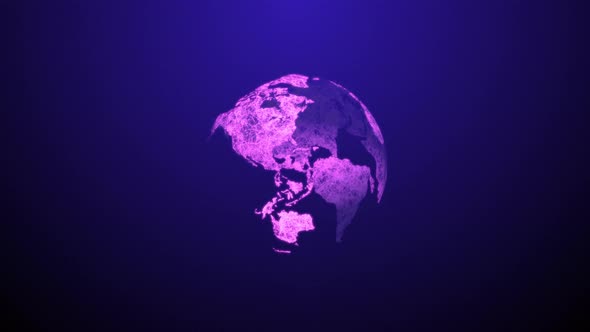 A holographic purple globe rotates in space