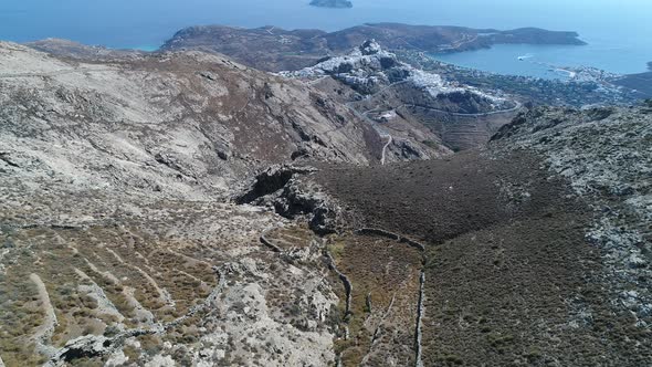 Village of Chora on the island of Serifos in the Cyclades in Greece from the sky