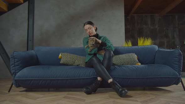 Caring Female Pet Owner Stroking Tabby Cat on Sofa