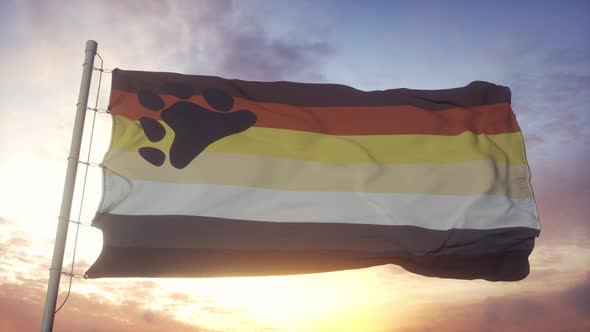 Bear Brotherhood Pride Flag Waving in the Wind Sky and Sun Background
