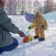 Mom plays with toddler in winter park with toys. Mom loads snow with her palms into a toy truck - VideoHive Item for Sale