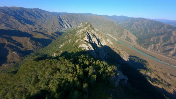 Aerial View Epic Mountain Summit Stone Texture Green Trees Forest Rocky Valley Sunny Panorama