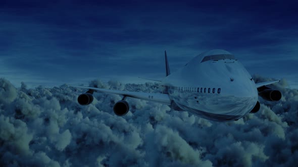 Airplane Jumbo Jet Front View Fyling Over Storm Clouds At Night Moonlight Seamless Loop