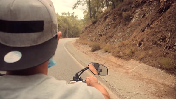 Tourist Exciting Travel Destination On Motorbike. Man Ride On Motorcycle. Adventure Freedom Trip.