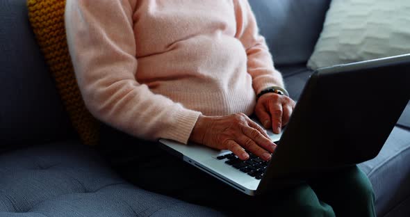 Senior woman using laptop in living room