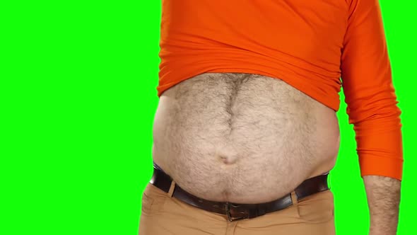 Big Hairy Belly of a Man, Close Up Shot, Green Screen. Slow Motion