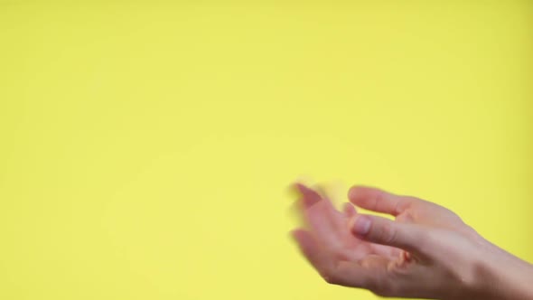 Hands Try To Catch Falling US Dollar Banknotes Falling in Slow Motion Against Yellow Background