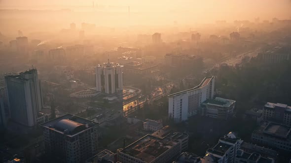 Aerial drone view of Chisinau downtown. Panorama view of multiple buildings, Parliament, Presidency,