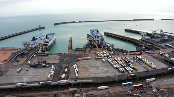 Aerial View of Harbor and Trucks Parked Along Side in Dover Docks England