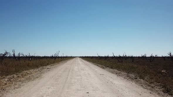 Long Desert Dirt Road Aerial View in Botswana Amazing Dry Lake. Cracks on Dry Land in the Desert. Dr