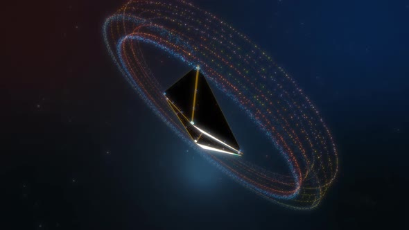 Computer system showing a Hologram of ethereum cyber coin logo in a background alt